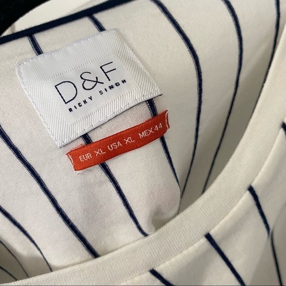 Denim & Flower Ricky Singh Striped White/Navy Blue T-Shirt - Picture 2 of 6